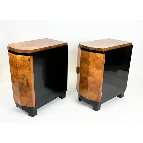 586 - BEDSIDE CABINETS, a pair, Art Deco walnut and ebonised, each with door enclosing drawers, 34.5cm W x... 