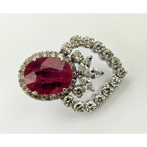 13 - A PAIR OF 18CT WHITE GOLD RUBY AND DIAMOND EARRINGS, each set with a single natural oval mixed cut r... 