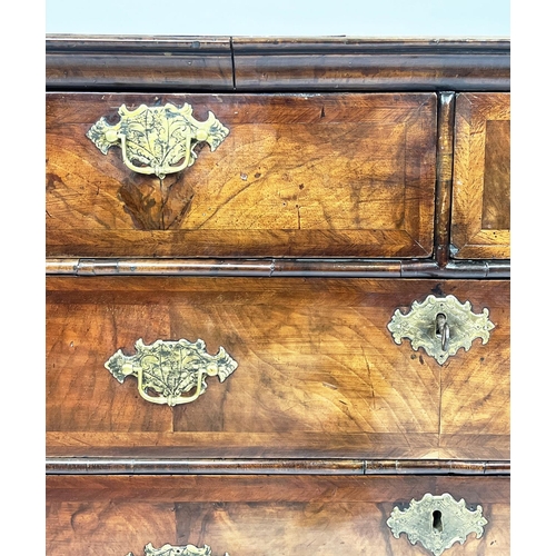 152 - QUEEN ANNE CHEST, early 18th century English figured walnut and crossbanded, with two short above th... 