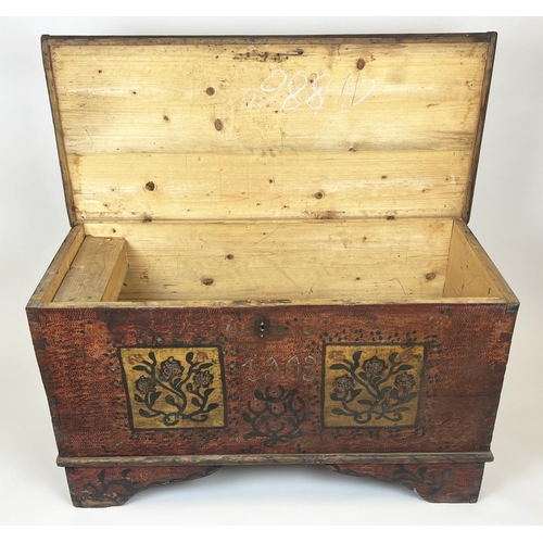 154 - DOWRY CHEST, antique Hungarian folk art painted pine, dated 1903, with rising lid and iron carrying ... 