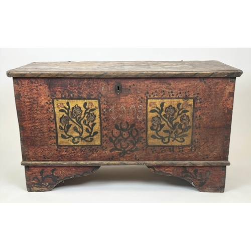 154 - DOWRY CHEST, antique Hungarian folk art painted pine, dated 1903, with rising lid and iron carrying ... 