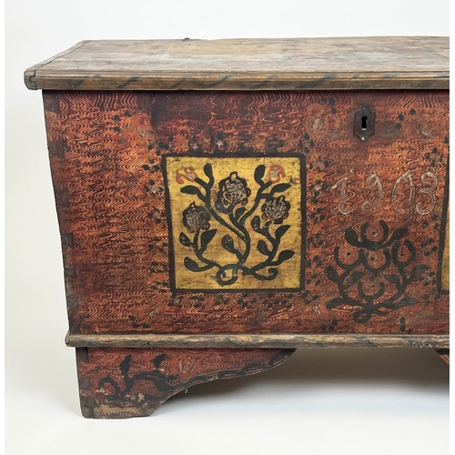 154 - DOWRY CHEST, antique Hungarian folk art painted pine, dated 1903, with rising lid and iron carrying ... 