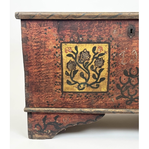 154 - DOWRY CHEST, antique Hungarian folk art painted pine, dated 1903, with rising lid and iron carrying ... 