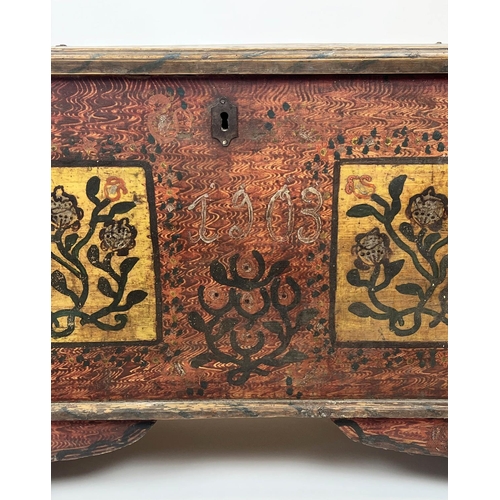 154 - DOWRY CHEST, antique Hungarian folk art painted pine, dated 1903, with rising lid and iron carrying ... 