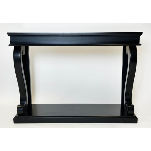 156 - CONSOLE TABLE, French Louis Philippe design, ebonised finish, 100cm H x 140cm W x 45cm D