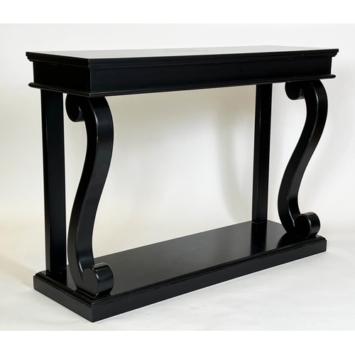 156 - CONSOLE TABLE, French Louis Philippe design, ebonised finish, 100cm H x 140cm W x 45cm D