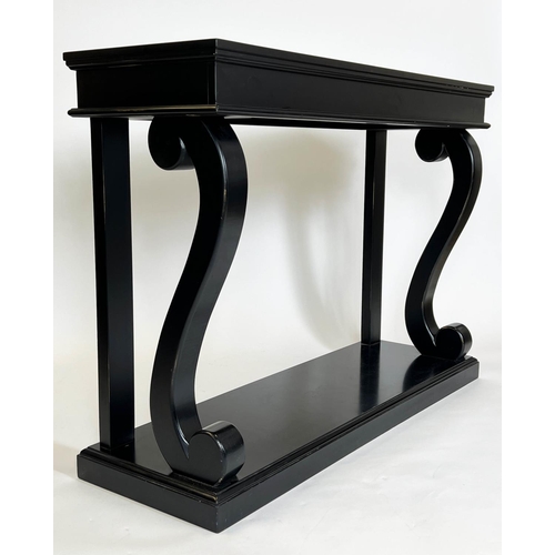 156 - CONSOLE TABLE, French Louis Philippe design, ebonised finish, 100cm H x 140cm W x 45cm D