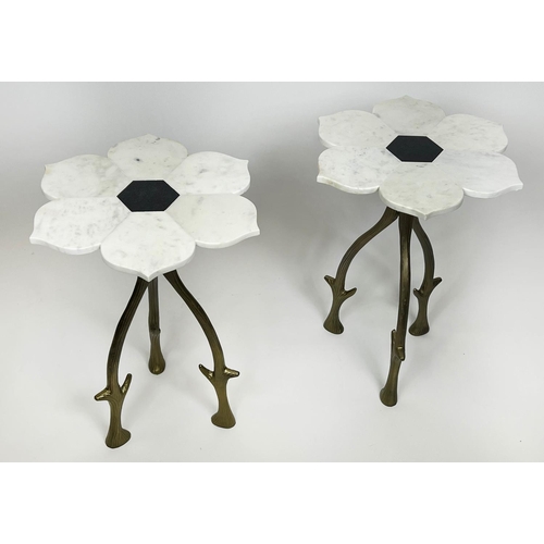 157 - SIDE TABLES, a pair, 1970's Italian design, marble flower head tops on naturalistic branch form gilt... 