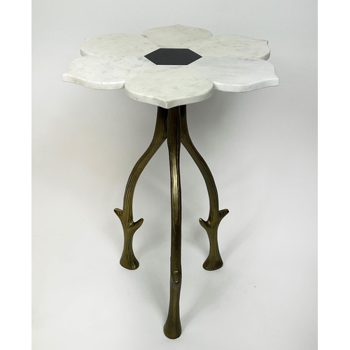 157 - SIDE TABLES, a pair, 1970's Italian design, marble flower head tops on naturalistic branch form gilt... 