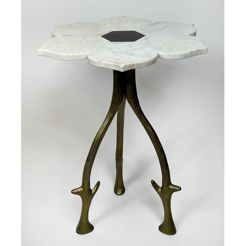 157 - SIDE TABLES, a pair, 1970's Italian design, marble flower head tops on naturalistic branch form gilt... 