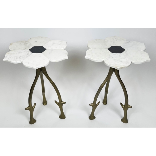 157 - SIDE TABLES, a pair, 1970's Italian design, marble flower head tops on naturalistic branch form gilt... 