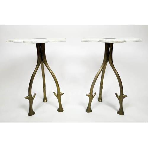 157 - SIDE TABLES, a pair, 1970's Italian design, marble flower head tops on naturalistic branch form gilt... 