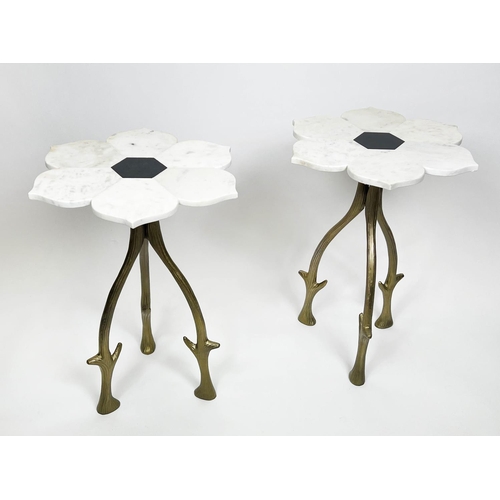 157 - SIDE TABLES, a pair, 1970's Italian design, marble flower head tops on naturalistic branch form gilt... 