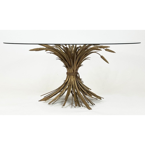 159 - WHEAT SHEAF LOW TABLE, vintage French gilt metal with a glass top, 46cm H x 95cm x 95cm.