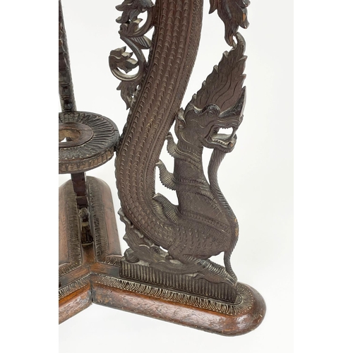 161 - BURMESE TREFOIL CENTRE TABLE, late 19th century carved teak, with three mythical dragon supports, 62... 