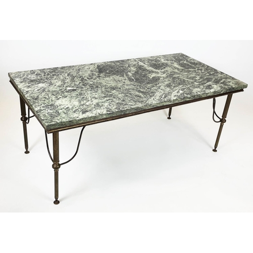 164 - MARBLE COFFEE TABLE, French 1950s, having a variegated green marble top on beaded and reeded leg bra... 