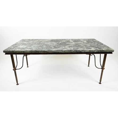 164 - MARBLE COFFEE TABLE, French 1950s, having a variegated green marble top on beaded and reeded leg bra... 