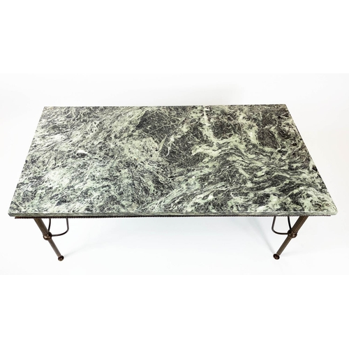 164 - MARBLE COFFEE TABLE, French 1950s, having a variegated green marble top on beaded and reeded leg bra... 