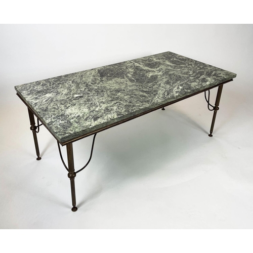 164 - MARBLE COFFEE TABLE, French 1950s, having a variegated green marble top on beaded and reeded leg bra... 