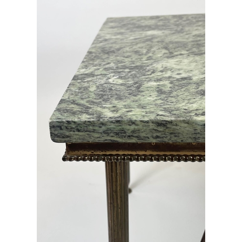 164 - MARBLE COFFEE TABLE, French 1950s, having a variegated green marble top on beaded and reeded leg bra... 