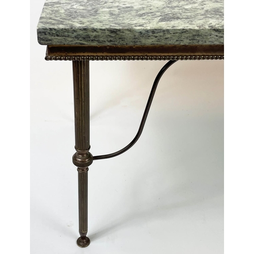 164 - MARBLE COFFEE TABLE, French 1950s, having a variegated green marble top on beaded and reeded leg bra... 