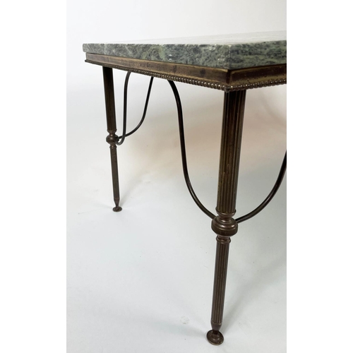 164 - MARBLE COFFEE TABLE, French 1950s, having a variegated green marble top on beaded and reeded leg bra... 