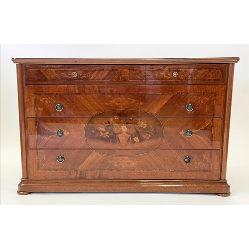 165 - COMMODE, Italian style with four drawers and quarter cut and floral marquetry effect decoration, 136... 