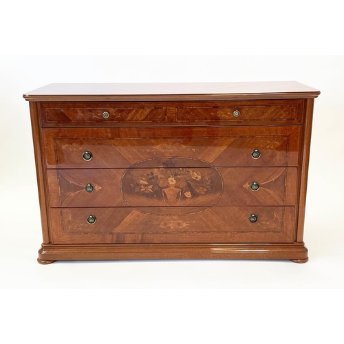 165 - COMMODE, Italian style with four drawers and quarter cut and floral marquetry effect decoration, 136... 