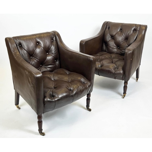 168 - CLUB ARMCHAIRS, a pair, each 65cm W x 75cm tall in buttoned brown leather, on turned supports, Prove... 