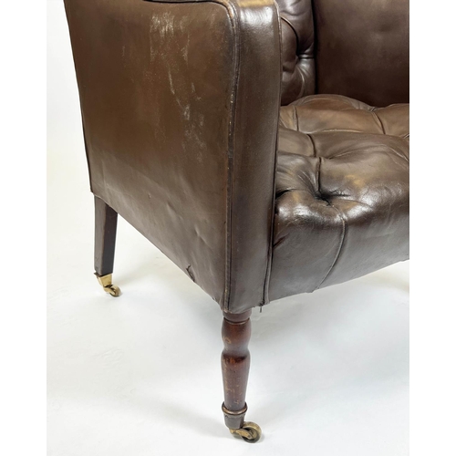 168 - CLUB ARMCHAIRS, a pair, each 65cm W x 75cm tall in buttoned brown leather, on turned supports, Prove... 