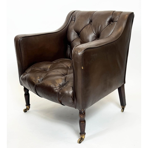 168 - CLUB ARMCHAIRS, a pair, each 65cm W x 75cm tall in buttoned brown leather, on turned supports, Prove... 