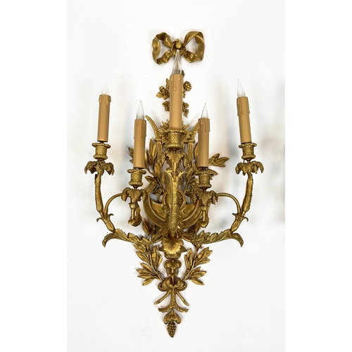 169 - WALL SCONCES, a pair, each 95cm x 40cm, late 19th century French gilt bronze with ribbon, floral, fo... 