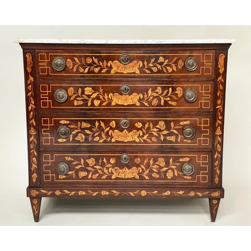 173 - DUTCH COMMODE, 19th century mahogany and floral satinwood inlay with four long drawers and variegate... 