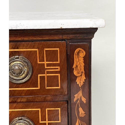 173 - DUTCH COMMODE, 19th century mahogany and floral satinwood inlay with four long drawers and variegate... 