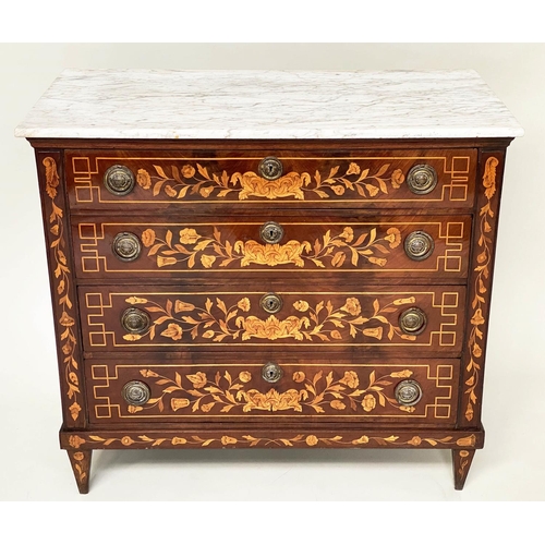 173 - DUTCH COMMODE, 19th century mahogany and floral satinwood inlay with four long drawers and variegate... 