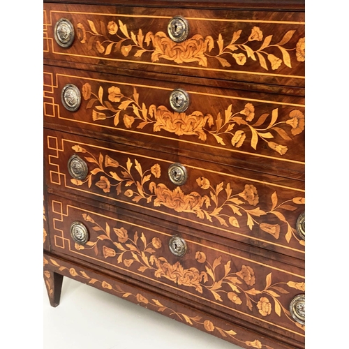 173 - DUTCH COMMODE, 19th century mahogany and floral satinwood inlay with four long drawers and variegate... 