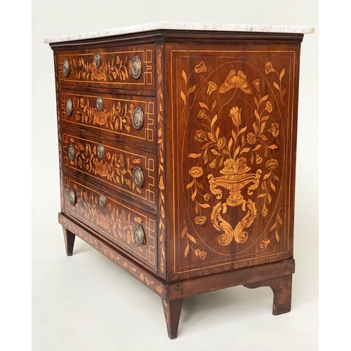 173 - DUTCH COMMODE, 19th century mahogany and floral satinwood inlay with four long drawers and variegate... 