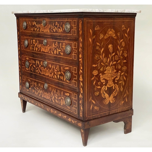 173 - DUTCH COMMODE, 19th century mahogany and floral satinwood inlay with four long drawers and variegate... 