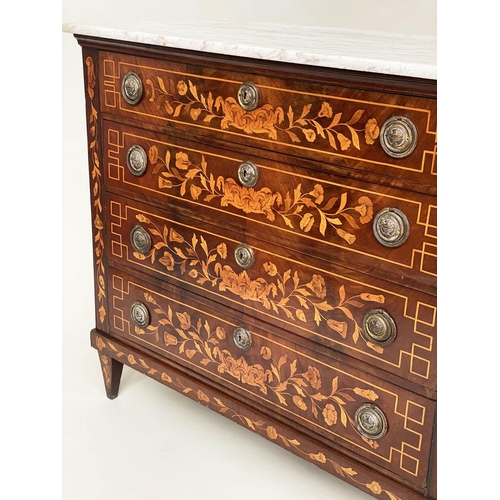 173 - DUTCH COMMODE, 19th century mahogany and floral satinwood inlay with four long drawers and variegate... 