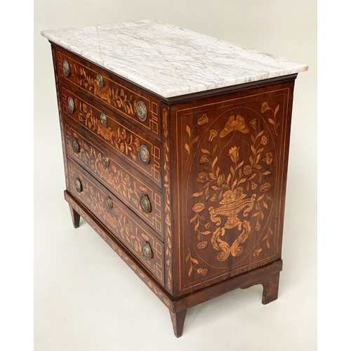 173 - DUTCH COMMODE, 19th century mahogany and floral satinwood inlay with four long drawers and variegate... 