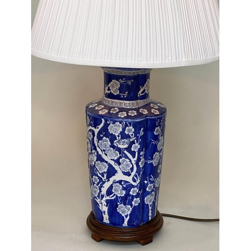 174 - TABLE LAMPS, a pair, Chinese white on blue ceramic of ribbed vase form with birds and blossom, 80cm ... 