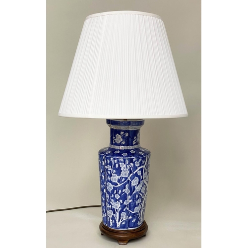 174 - TABLE LAMPS, a pair, Chinese white on blue ceramic of ribbed vase form with birds and blossom, 80cm ... 