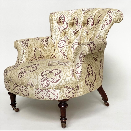 176 - ARMCHAIR, Victorian walnut with gothic tracery silk twill upholstery with arch deep buttoned back, s... 