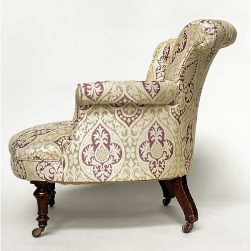 176 - ARMCHAIR, Victorian walnut with gothic tracery silk twill upholstery with arch deep buttoned back, s... 