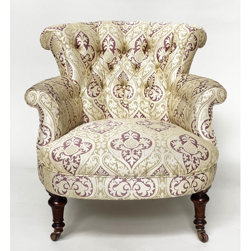 176 - ARMCHAIR, Victorian walnut with gothic tracery silk twill upholstery with arch deep buttoned back, s... 