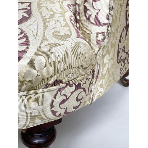 176 - ARMCHAIR, Victorian walnut with gothic tracery silk twill upholstery with arch deep buttoned back, s... 