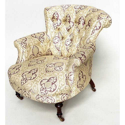 176 - ARMCHAIR, Victorian walnut with gothic tracery silk twill upholstery with arch deep buttoned back, s... 