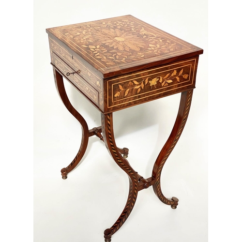 179 - DUTCH SIDE TABLE, 19th century mahogany and allover satinwood foliate marquetry with rising lid frie... 