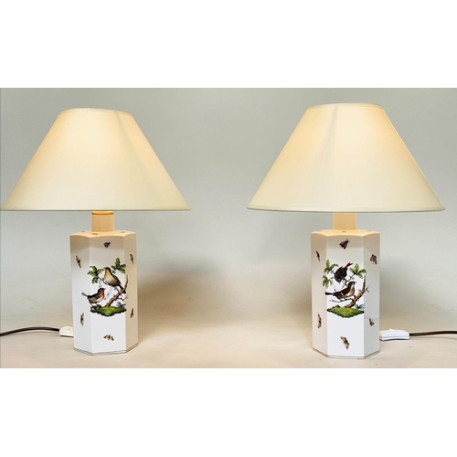 180 - HEREND TABLE LAMPS, a pair, Hungarian porcelain hexagonal with bird and butterfly painting, 48cm H w... 