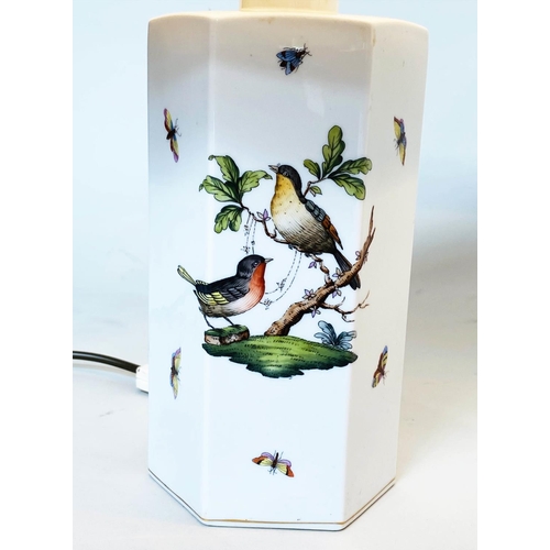 180 - HEREND TABLE LAMPS, a pair, Hungarian porcelain hexagonal with bird and butterfly painting, 48cm H w... 